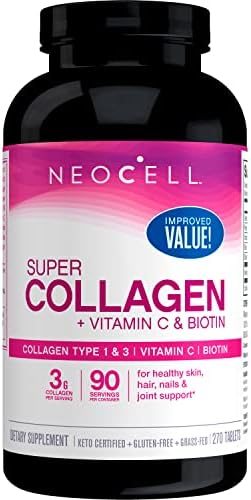 NeoCell Super Collagen Peptides + Vitamin C & Biotin, 3g Collagen Per Serving, Gluten Free, Promotes Healthy Hair, Beautiful Skin, and Nail Support, Dietary Supplement, 270 Tablets