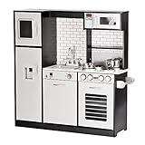 SPIELSPAß. Unser Jamie hat alles, was kleine Köchinnen und Köche brauchen - Kühlschrank mit Eiswürfelspender, Spüle und Geschirrspüler, Mikrowelle und Backofen mit Licht, Herd mit 4 Kochflächen. Sogar ein Topf samt Deckel und eine Pfanne sind dabei