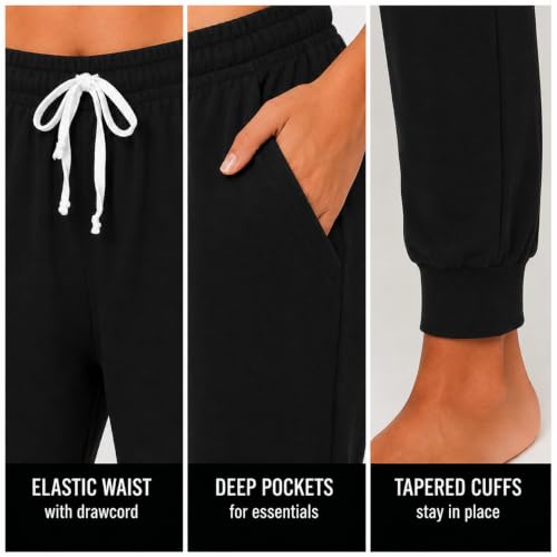 Image of Essential Elements Womens 3 Pack 100% Cotton Joggers Lounge PJ Sweatpants | Soft Breathable Everyday Knit With an Elastic Waist and Tapered Fit, Cozy for Sleep, Workouts and Casual Wear
