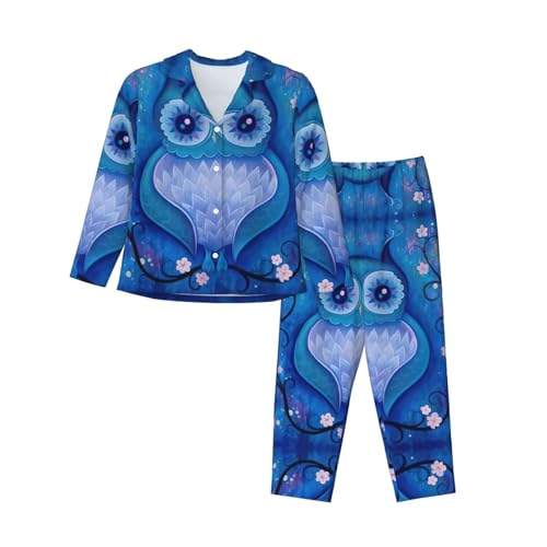EdWal Ensemble de pyjama imprimé hibou bleu pour femmes Ensemble de pyjama tendance à manches...
