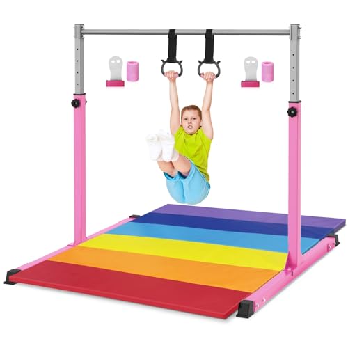 Safly Fun Gymnastics Bar with Mat for Kids Ages 3-15 for Home w/Rings & Grips(S)