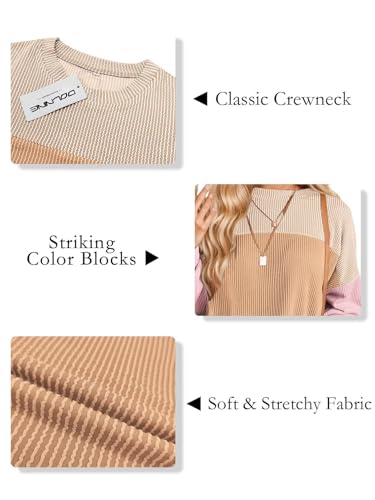 Image of Womens Plus Size Tops Fall Oversized Crewneck Tshirts Long Sleeve Color Block Shirts Khaki Orange 4XL
