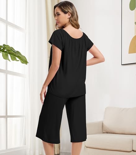 Image of NACHILA Bamboo Viscose Pajamas for Women Cooling Capri Pjs Short Sleeve Set | Cooling comfort for night sweats, Temperature-regulating, Crew Neck, Breathable lightweight stretch, Tagless, Pill-resistant