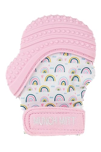 Image of Malarkey Kids Patented Teething Mitten, Munch Mitt Baby Chew Toy - Protects Hands from Chewing & Saliva, Heals Aching Gums, Promotes Sound & Visual Stimulation for Babies - Pink Rainbow