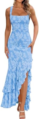 BORIFLORS Women's Elegant Ruched Floral Maxi Dress Mesh Mermaid R...