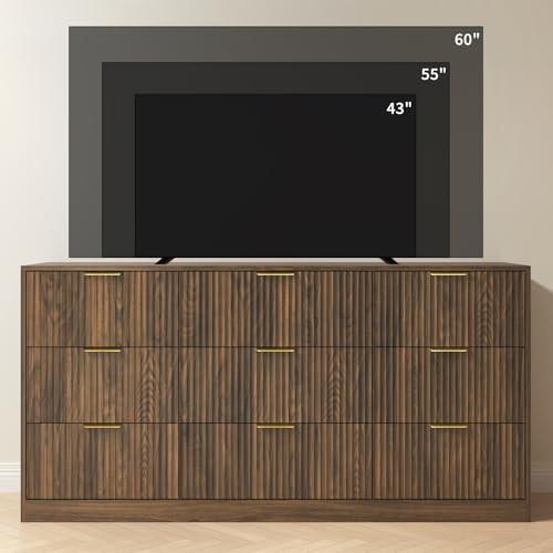 Image of Fluted Wood Dresser for Bedroom,63 inch Wide 9 Drawer Dresser Mid Century Chest of Drawers Wooden with Gold Handles,Dressers TV Stand Storage Organizer for Closet,Bedroom,Living Room, Walnut