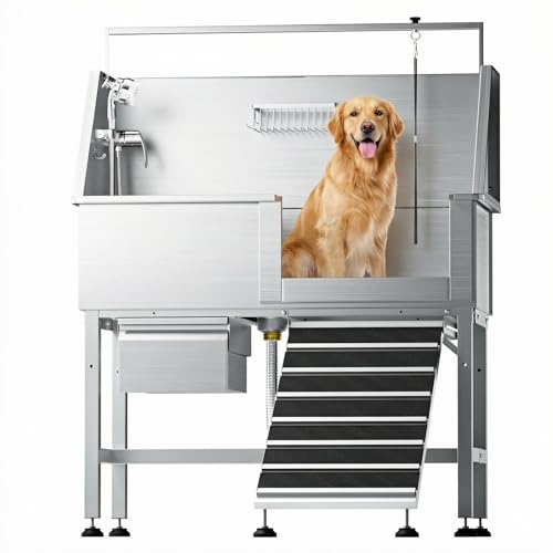 Image of 46 inch Heavy Duty Dog Washing Station - 304 Stainless Steel Pet Bathing Tub with Right Side Ramp, Elevated Grooming Sink with Storage Drawer & Removable Floor Grate, Outdoor Ready for Large & Medium Dogs