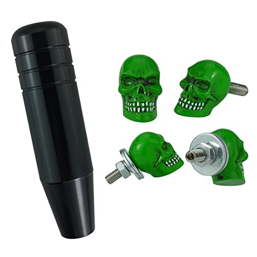 Abfer 5" Weighted Shifter Knob Bundle With Skull License Plate Screws, Heavy Gear Stick Shift Handle Knob And Green Car Plates Anti-Theft Screw Bolt Kit For Most Vehicles Trucks #TOP24