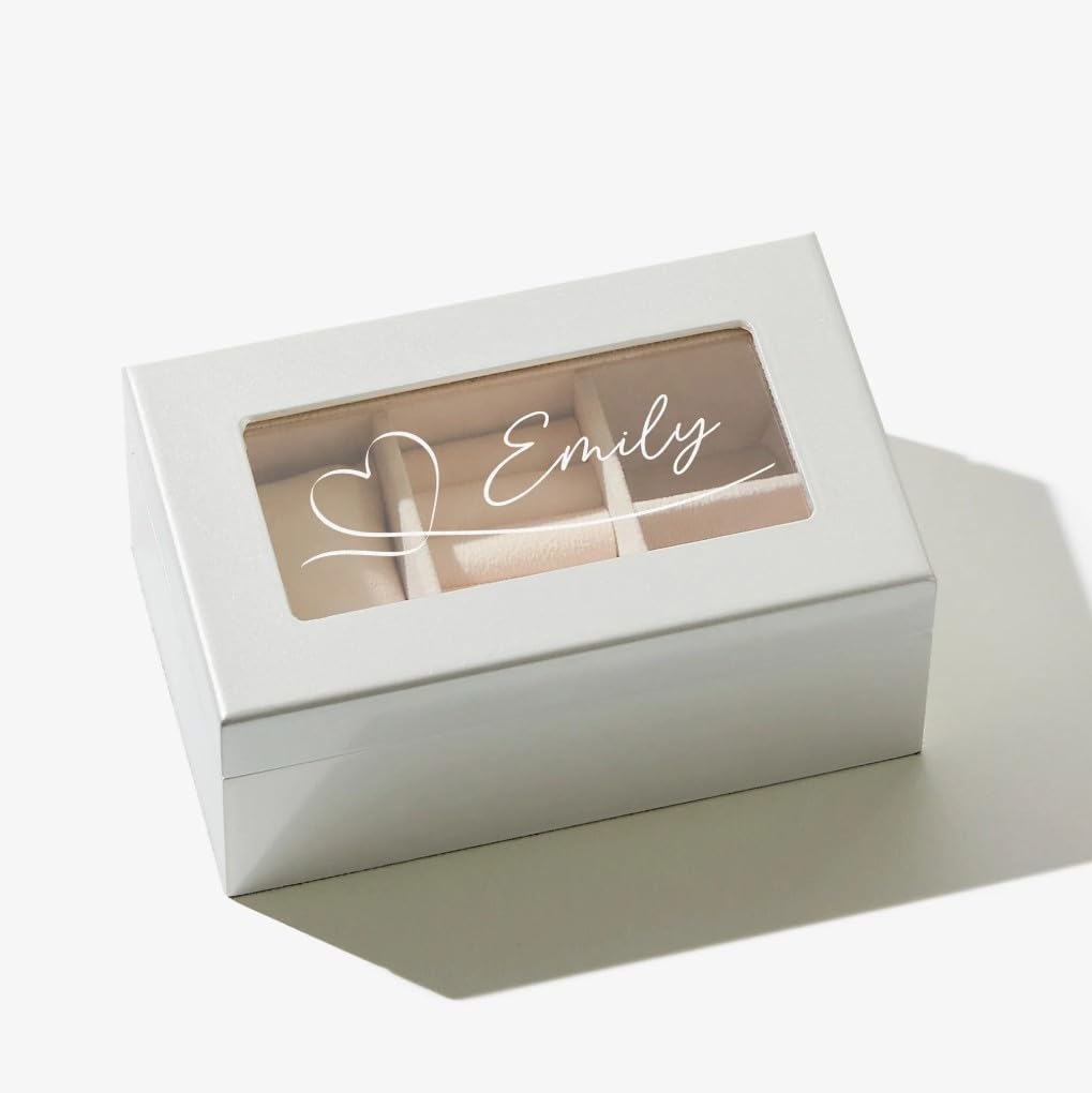 Personalization Universe Traced Heart Personalized Pearl Mini White Glass Top Jewelry Box