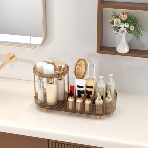 Image of Makeup Organizer Countertop with 360 Rotating Perfume Trays, 7-Divider Vanity Skincare Organizers, Make Up Desk Organization and Storage with Cosmetic Brush Holder for Bedroom Bathroom Counter