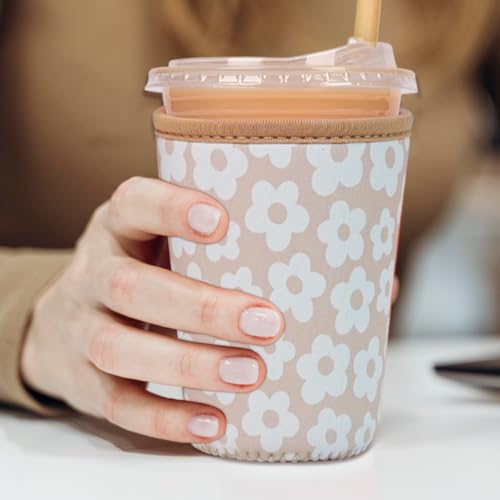Image of Reusable Insulated Neoprene Iced Coffee Cup Sleeve, Durable Drink Sleeve for Cold Beverages, Beverage Holder for Iced Coffee (Creamy Florals)
