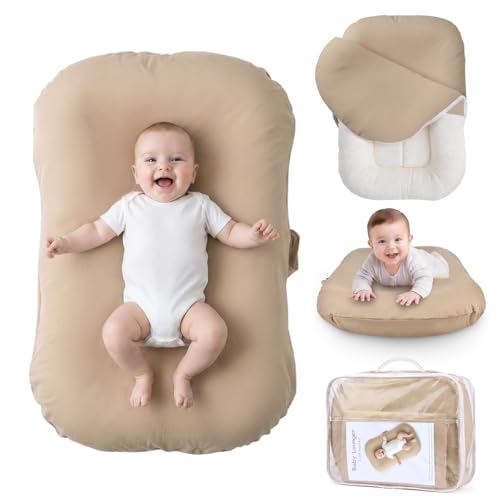 Mielcora Baby Lounger for Newborn - Infant Lounger 0-24 Months, Soft Breathable Cotton, Perfect for Tummy Time, Portable Baby Nest Pillow for Home & Travel (Light Camel, Cover Included)