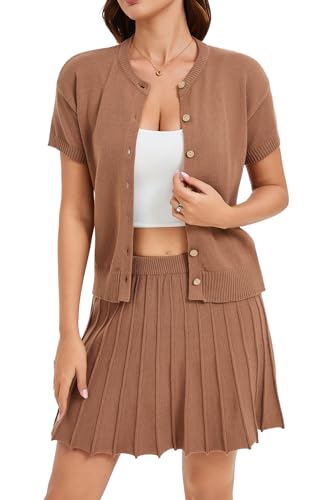 Jenisso Women 2 Piece Skirts Set Summer Knit Sweater Button Down Short Sleeve Cardigan and Mini Skirt Casual Outfit — view 2