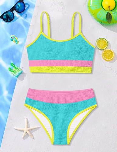 Image of Girls Bathing Suit Color-Block Adjustable Straps Bikini Sets Girls Two Piece Swimsuits with Chest Pad Swimwear 7-18T