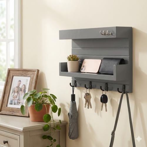 Image of Key Holder for Wall Decorative, Wooden Key Rack Mail Sorter Organizer, Double Shelf Key Hanger Mail Key Organizer, Rustic Home Decor for Entryway Hallway (Grey)