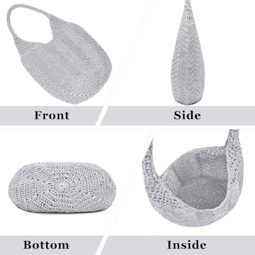 Image of Boho Crochet Shoulder Bag for Women, Colorful Beaded Beach Tote Handbag Lightweight Summer Knit Hobo Purse &Travel Organizer