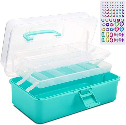 SGHUO 13'' 3-layer Plastic Storage Box Multipurpose Organizer Container Art Tool Case for Hair Craft Sewing Cosmetic Nail Polish Stationery Ornaments (Blue)