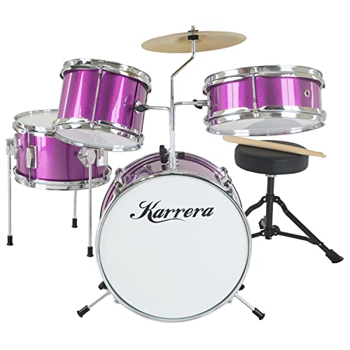 Karrera Mini 4 Piece Drum Kit Set Wooden | 2 Toms | Bass | Snare | Stool - Metallic Purple