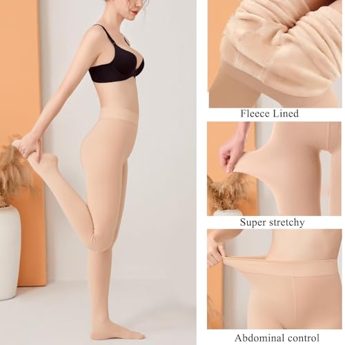 Image of YAGAXI Fleece Lined Opaque Tights for Women - 2 Pairs 200D Warm Winter Pantyhose with Control Top