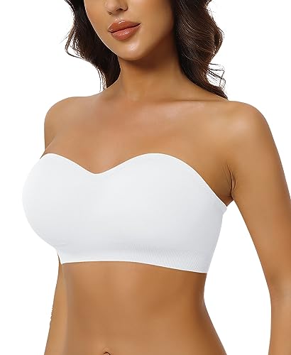 Image of DOCUMO Women Strapless Bra Padded Bandeau Bra Non-Slip Silicone Seamless Wireless Tube Top Bra (White#01, Small)