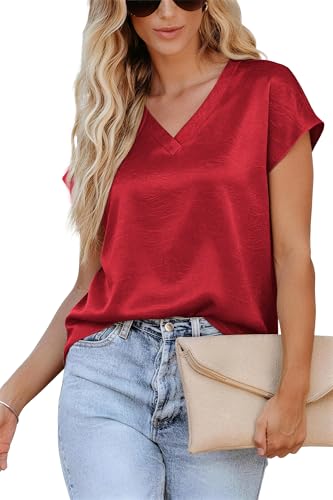 RUMIA Satin Blouses for Women Dressy Casual V Neck Cap Sleeve Shirts 2026 Summer Business Work Blouse Outfits Trendy Red — view 3