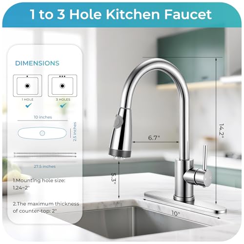 Image of LED Kitchen Faucet with Pull Down Sprayer - Polished Chrome Single Handle Kitchen Faucets, High Arc Stainless Steel Pull Out Kitchen Sink Faucet with Deck for RV Laundry Farmhouse Bar