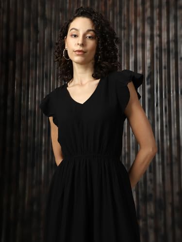 Image of High Star Women Cotton Solid Regular fit V-Neck Sleeveless Dresses