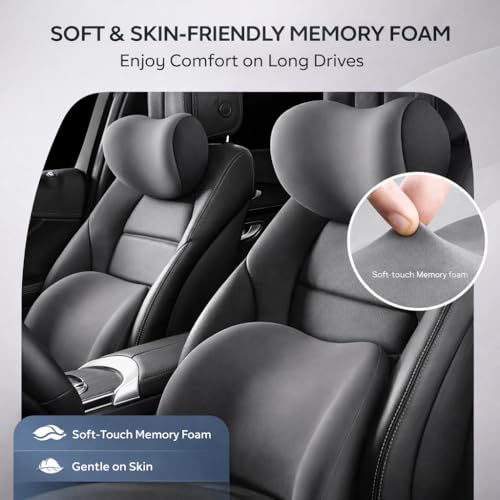 Image of Car Neck Rest Pillow & Lumbar Support Pillow - 100% Memory Foam Ultra Soft Car Seat Cushions | Relieves Neck & Back Pain While Reducing Driving Fatigue (Grey)