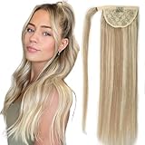 Star Show Ponytail Extension Remy Human Hair Wrap Around Ponytail Highlight Light Blonde and Bleach Blonde 16 Inch Remy Straight Human Hair Clip In Ponytail For Women #16/613(16 inch, Ombre #16/613)