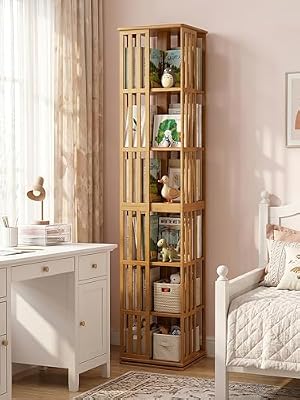 Polibi 360° Rotating Bamboo Bookshelf with Storage Tower, Brown
