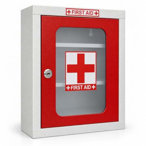 Image of First Aid Kit Box for Home Wall Mounted | GI Steel Medicine Storage Cabinet with Lock & Key | Multi Compartment Emergency Medical Box for Office, School, Clinic & Kitchen (Red & White)
