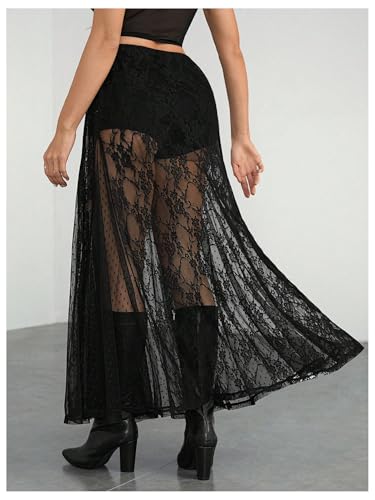 Verdusa Women's Contrast Lace Sheer Long Skirts A Line Low Waist Flared Flowy Skirt2