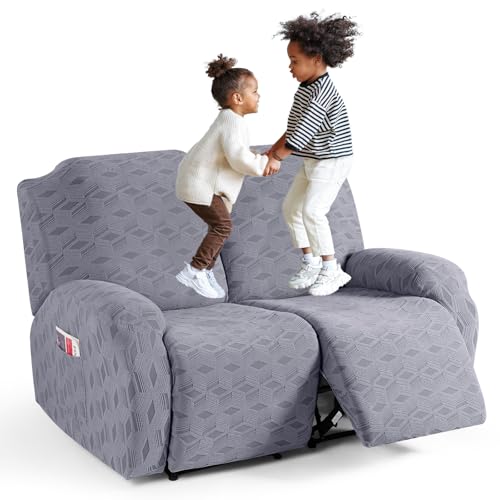 TAOCOCO Recliner Loveseat Cover, Stretch Jacquard Reclining Loveseat Cover Furniture Protector Sofa Slipcovers 2 Seat Recliner Covers with Elastic Bottom for Kids, Pets (Light Grey)