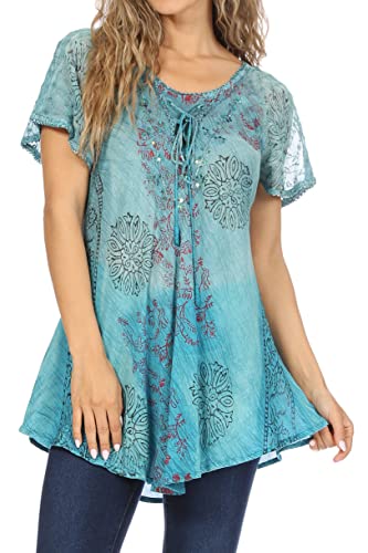 Sakkas 19218 - Marzia Women's Loose Fit Short Sleeve Casual Tie Dye Batik Blouse Top Tunic - 19208-Turq - OS