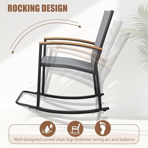 Shintenchi 3 Piece Outdoor Rocking Bistro Set, Textilene Fabric Small Patio Furniture Set, Front Porch Rocker Chairs Conversation Set with Table for Lawn, Garden, Balcony, Poolside (Light Grey) by Shintenchi - Image 5