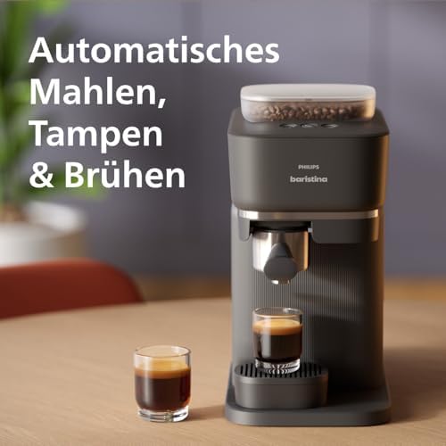 Bild 2 - PHILIPS Baristina Espressomaschine und Milchaufschäumer Paket – Automatisches Mahlen, Tampen & Brühen, 16 Bar, Kaffeemaschine mit Mahlwerk & Siebträger, leichte Reinigung, Schwarzgrau (BAR303/60)