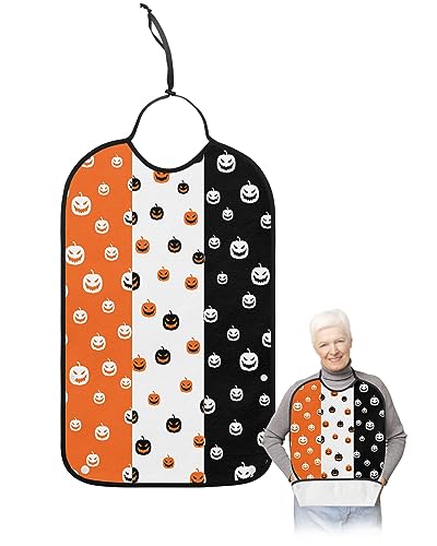LEOKOTI Halloween Adult Bibs for Eating, Waterproof Bibs with Food Catcher & Adjustable Snap Closure, Orange White Black Striped Pumpkins Washable Clothing Protectors Adult Bibs for Elderly Women/Men