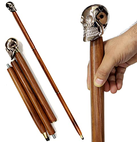 5MOONSUN5's Walking Stick Full Brass Head Skull Design Cane Rosewood Crafted Walking Cane with Solid Brass Decorative Bars | Walking Canes & Crutches Wooden Stick Vintage Gift for Men (Chrome)