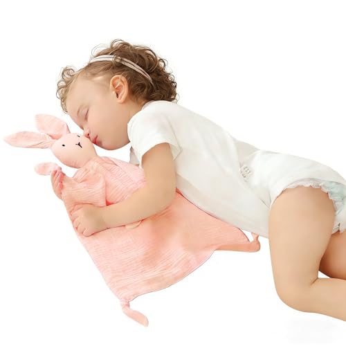 ZIGJOY Bunny Lovey Muslin Cotton Baby Security Blanket Soft Breathable Lovies for Babies Gifts for Newborn Infant Toddler Boys and Girls, Pink