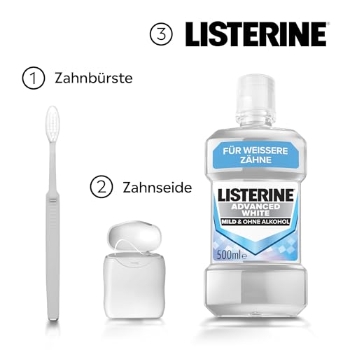 LISTERINE Advanced White Milder Geschmack 500 ml, Mundspülung zur Entfernung hartnäckiger Zahnverfärbungen, für weißere Zähne in nur 1 Woche, Mundwasser bekämpft wirksam Bakterien im Mundraum