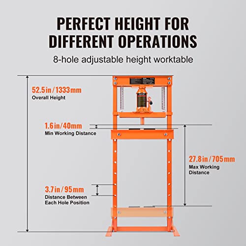 VEVOR Hydraulic Shop Press, 12 Ton/26000lbs, H-Frame, 4-Hold Adjustable Height, with Movable Plates, for Garage or Professional Users, Orange - Image 7