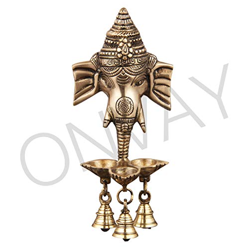 ONVAY Brass Wall Hanging Ganesh Oil Diya with Bells, 10 cm x 10 cm x 25 cm, Antique Brown, 1 Piece