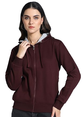 Alan Jones Clothing Women's Solid Zipper Hooded Sweatshirt | Front Zip, Ribbed Hem, Lined Hood, Casual Winter Wear (Wine_M)