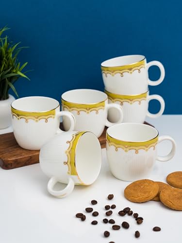 Image of Clay Craft Fine Ceramic Gold Printed Coffee /Tea Cups Set of 6-200 ml Each - Barrel 1406