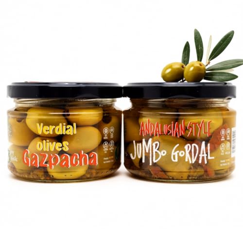 Verdial "Gazpacha" & Jumbo Gordal "Andalusian" Green Olives Pitted | Gourmet Spanish Olives Variety Pack For Tapas, Charcuterie Board And Cocktails | 10 oz, 2 Pack | Chef Ole
