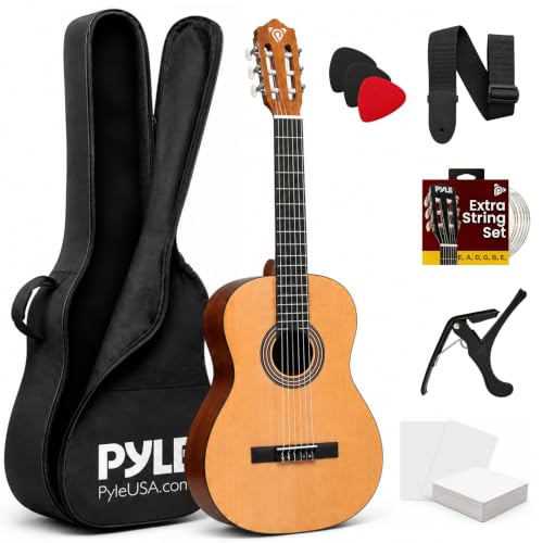 Pyle Left Handed Beginner Acoustic Guitar, Junior Size 76 cm, All Wood Build Nylon String with Capo Strap, Extra String Set, and Gig Bag Acoustic, For Kids Adults Youth Classical Kit Natural