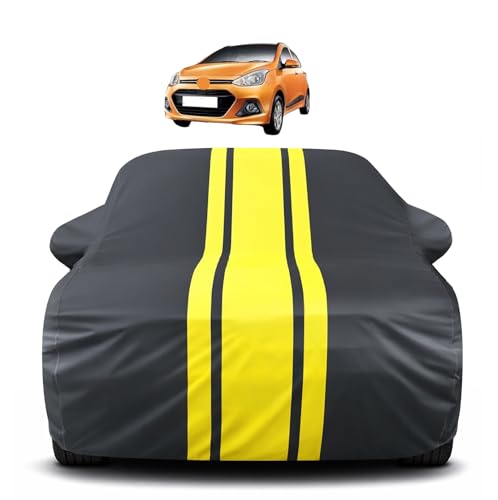 Image of Auto Hub Car Cover Compatible with Hyundai Grand i10 with Antenna & Mirror Pocket, Soft Cotton Lining, Grand i10 Car Cover Waterproof - Yellow-Black