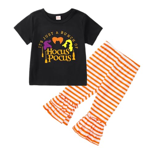 Halloween Outfit Toddler baby Girl Hocus Pocus Short Sleeve Shirt Stripe Ruffle Bell Bottoms Pants Fall Clothes Set
