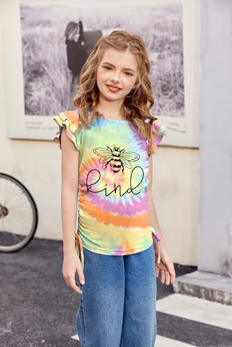 Image of Arshiner Girls T Shirts Ruffle Short Sleeve Ruched Knot Side Tunic Blouse Summer Tee Tops