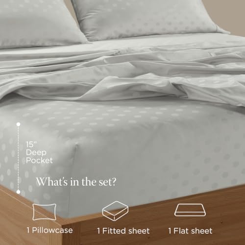 Image of Threadmill 300TC Cotton Twin Sheet Set, Sateen, Damask, Light Grey, 3-Piece